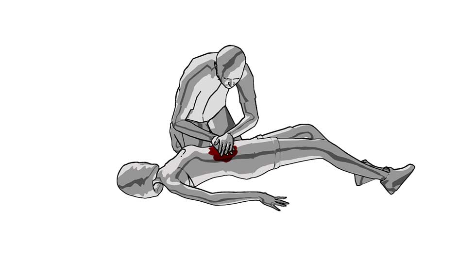 A man has a serious bleeding injury on his shoulder